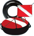 Dive buoy with red and white flag on a blue background