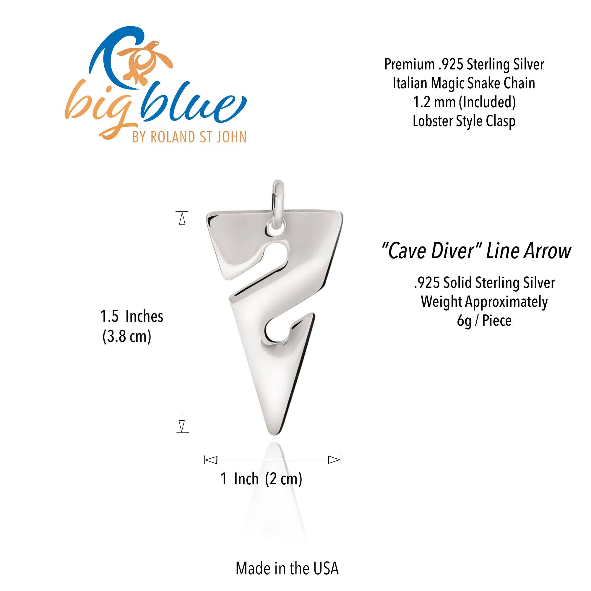 Line Arrow Necklace – Cave Diving Collection - Sterling Silver on Snake Chain: 20"