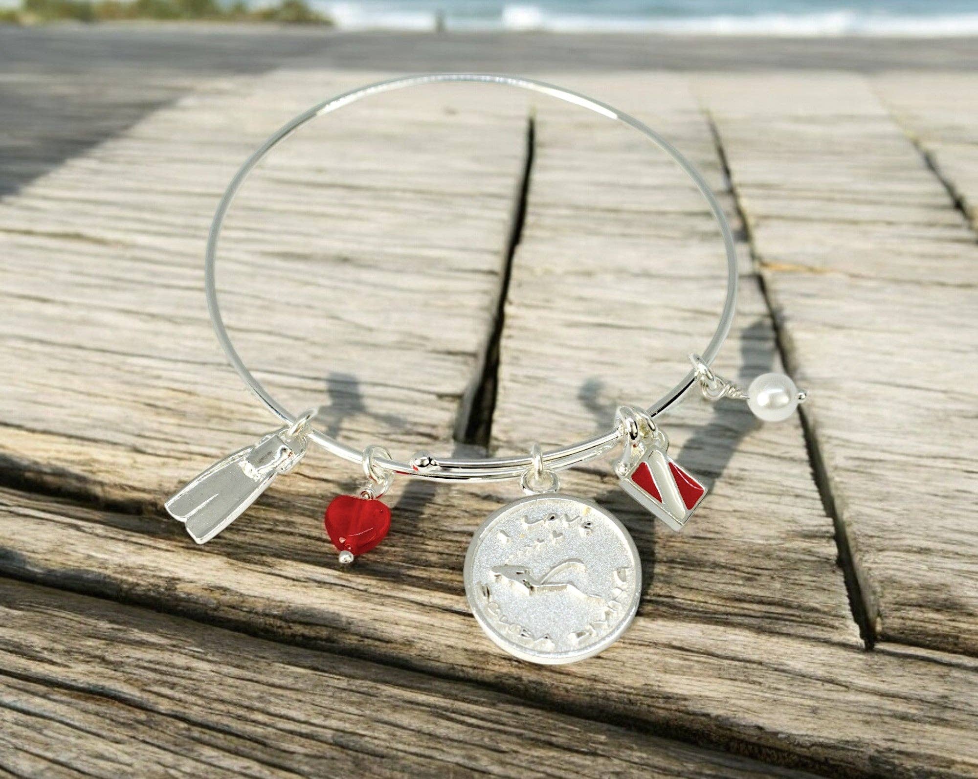 Scuba diving sterling silver charm bracelet clasp detail