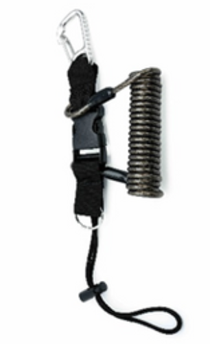 DiveVolk coil lanyard extending to 45 inches to secure underwater gear to BCD