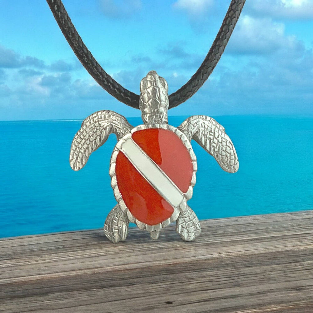 Turtle and dive flag pewter necklace pendant and chain detail