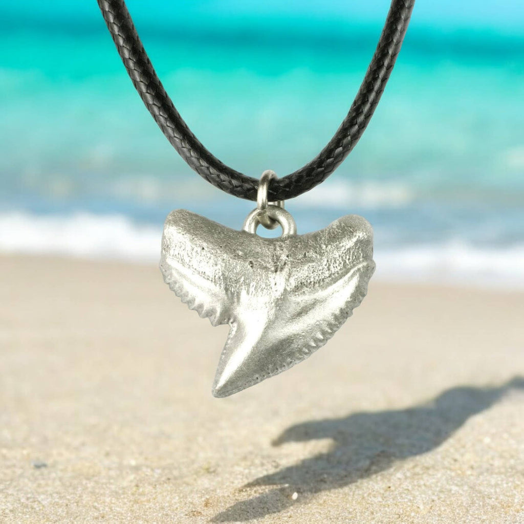 Roland St John pewter shark tooth necklace cord and pendant detail