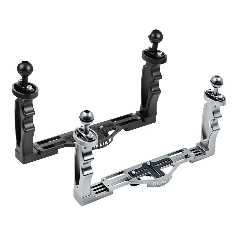 DiveVolk aluminum double handle tray for two-handed underwater housing stability