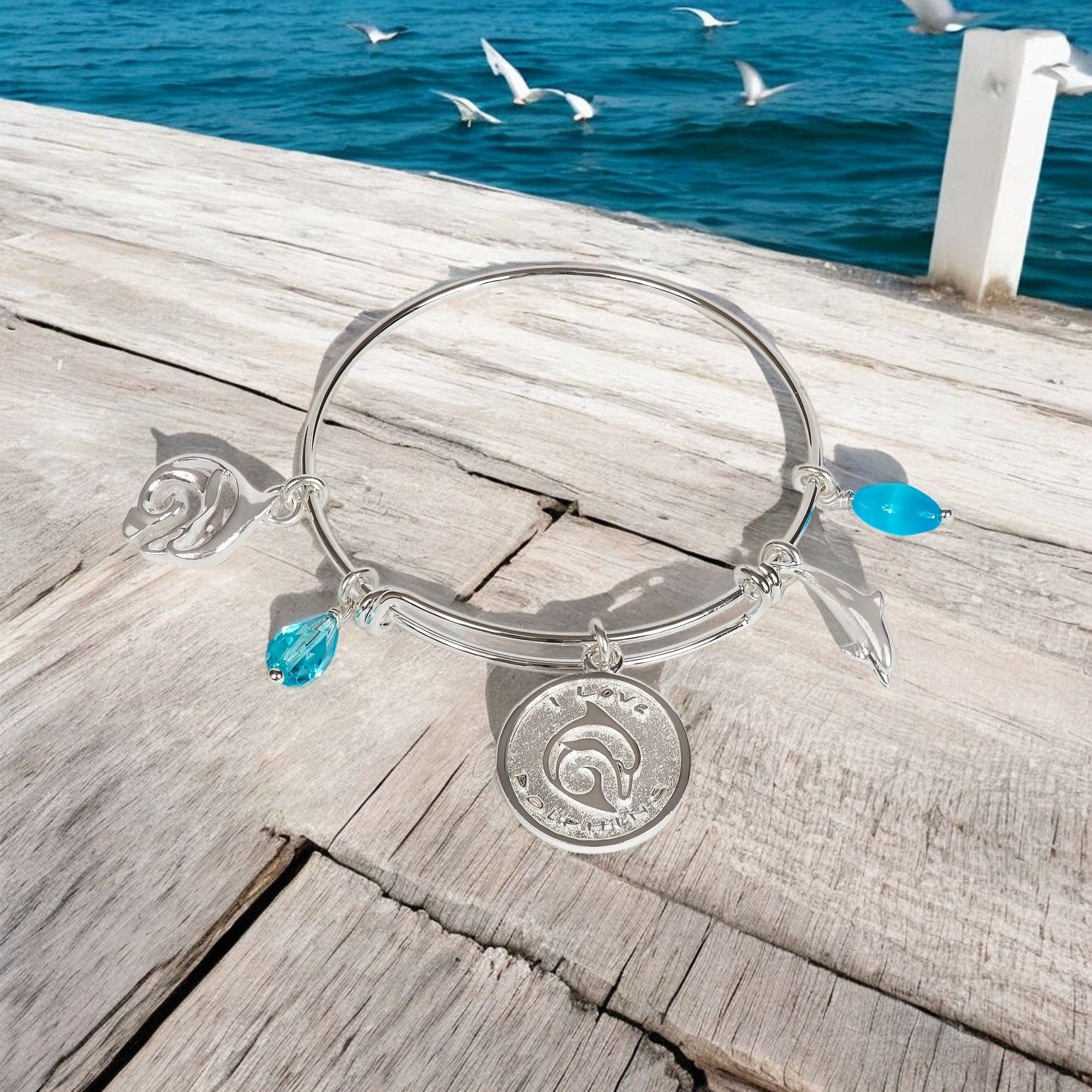 Dolphin adjustable sterling silver charm bracelet from the I Love Collection