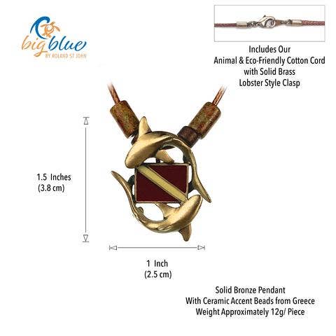 Shark Diver Circling Sharks Bronze Necklace w/Beads: 20"